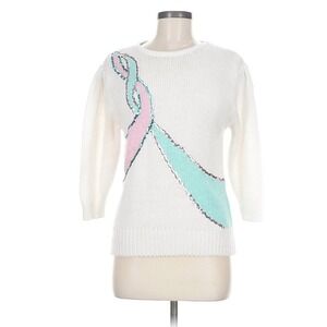 Andene White Sequins Ribbon Sweater 3/4 Sleeve Knit Pullover Sz M 1980s 80s